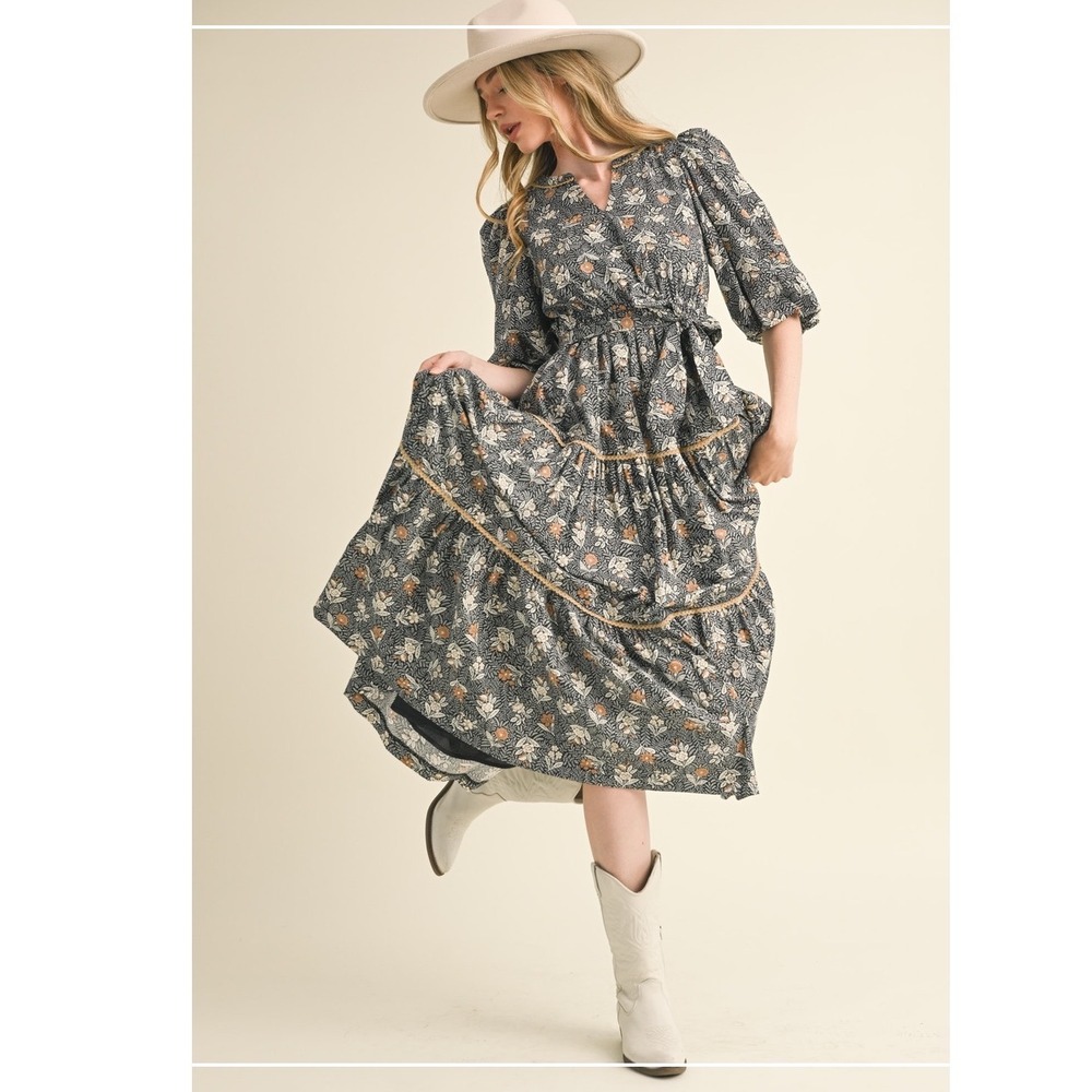 TALULAH Floral Lace Trim Midi Dress Bubble Sleeve Cottagecore MDR3430